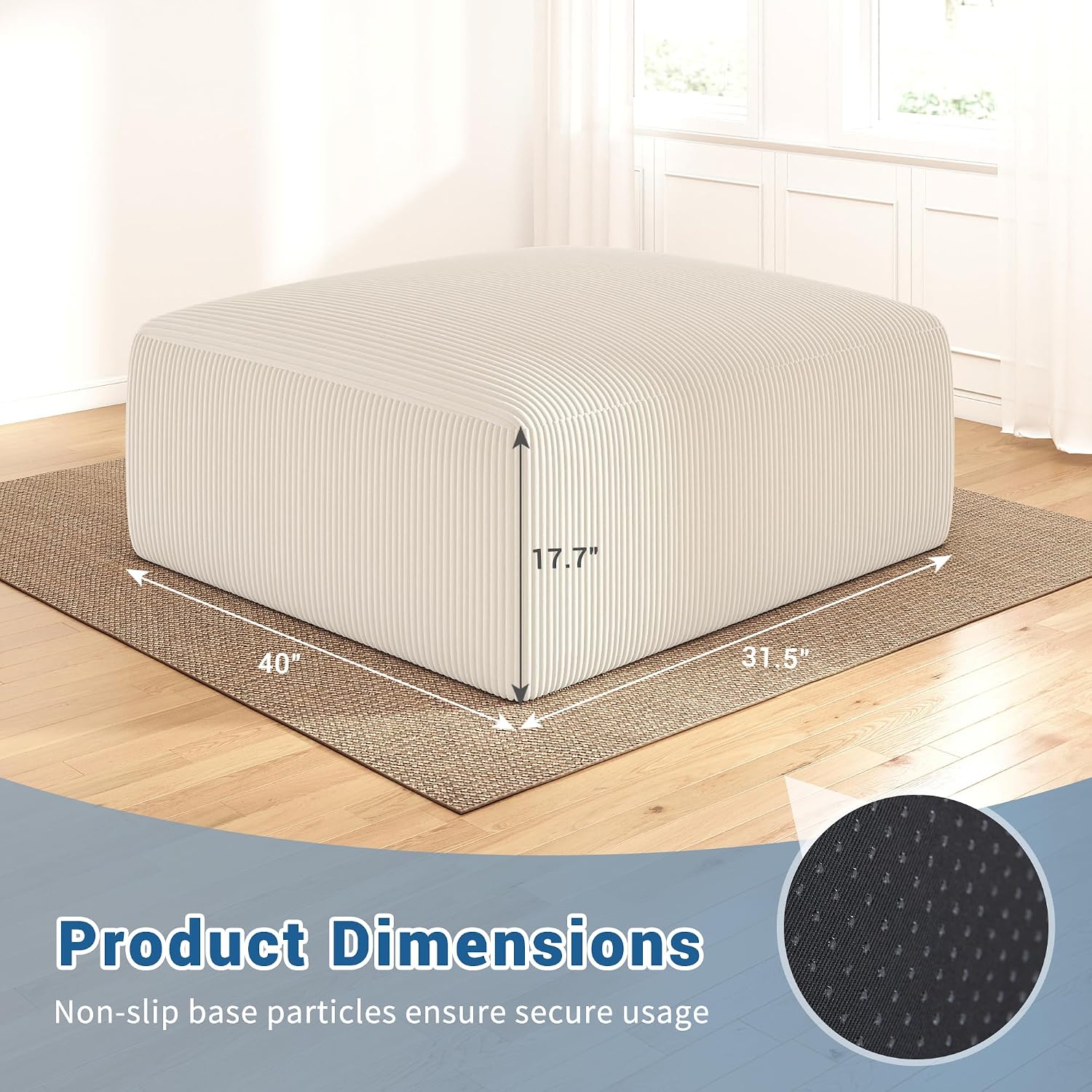 40' Oversized Large Square Corduroy Ottoman Pouf - Poofy Plush Foot Rest with Foam Chunk Filling, Movable Floor Pouf Footstool & Ottoman Coffee Table for Living Room Couch Bedroom, Beige (2 Pieces)