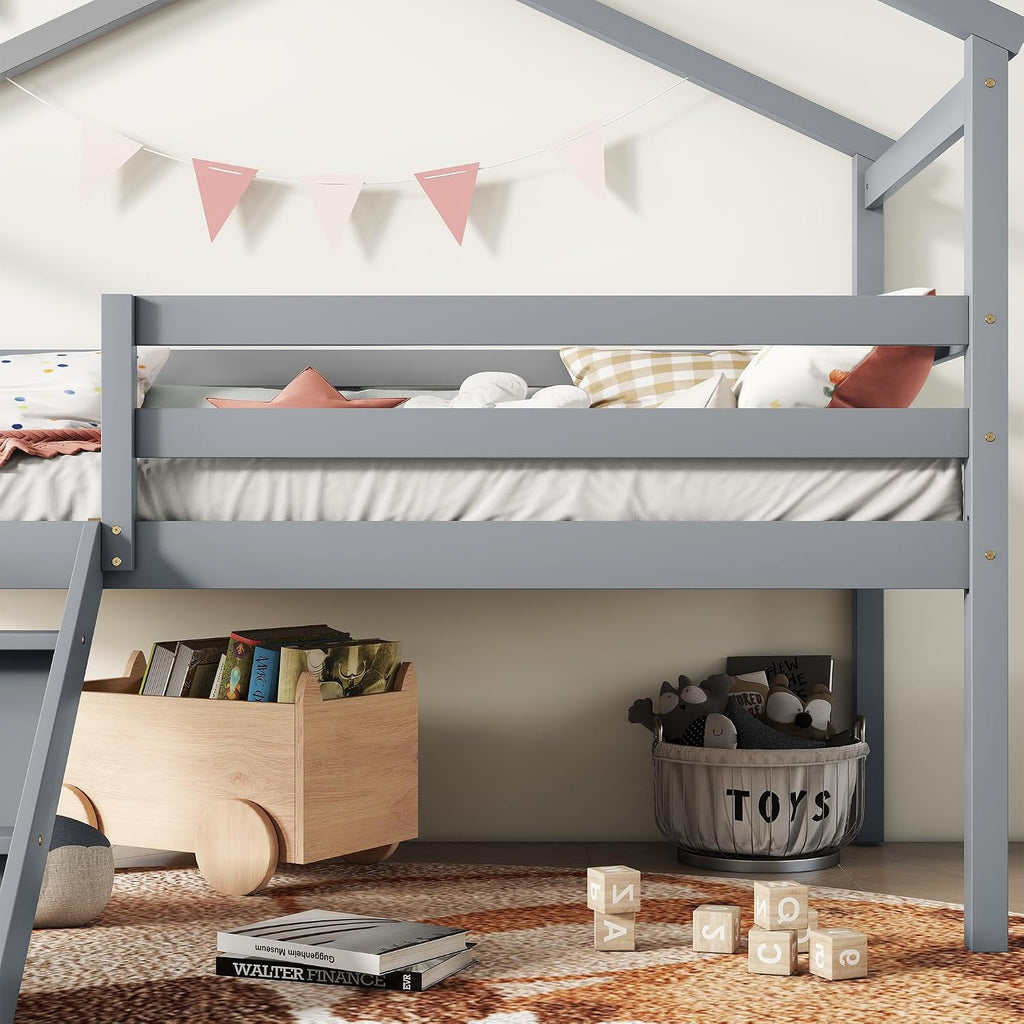 JIVOIT Twin Size Low Loft Bed with Slide and Ladder, House Loft Bed with Safety Guardrails, Capacious Space Under Bed, House Roof Frame for Kids Teens Girls Boys (Grey * 098)