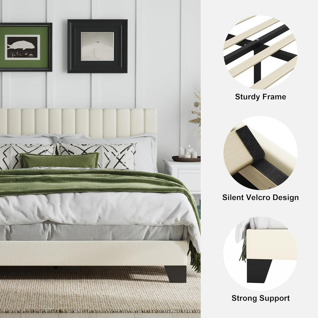 Full Size Bed Frame, Velvet Upholstered Platform Bed with Adjustable Tufted Headboard, Sturdy Frame and Slats, No Noiseless, No Box Spring Required, Easy Assembly, Beige