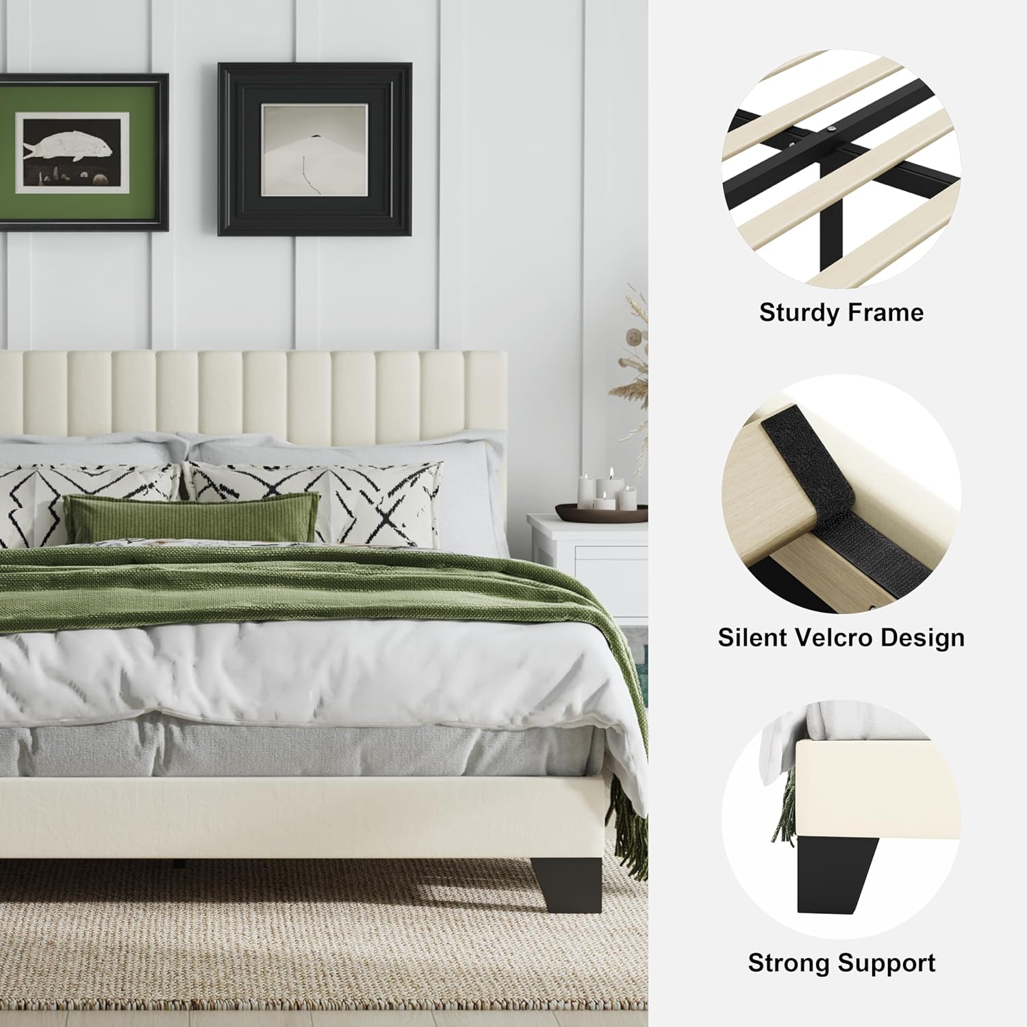 Full Size Bed Frame, Velvet Upholstered Platform Bed with Adjustable Tufted Headboard, Sturdy Frame and Slats, No Noiseless, No Box Spring Required, Easy Assembly, Beige