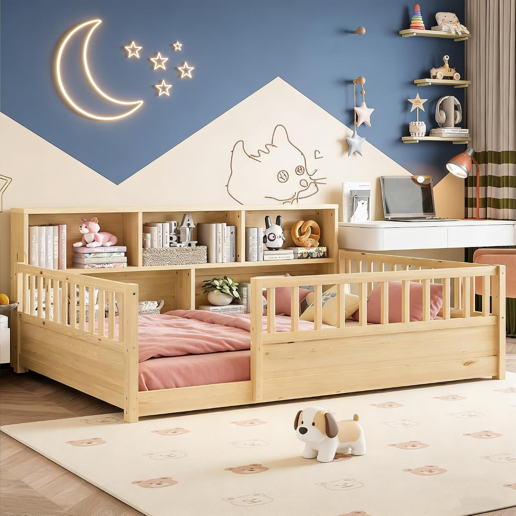 Bellemave Kids Montessori Floor Bed Full Size,Floor Bed Frame with Bookcase and Fence for Kids Boys Girls,Natural