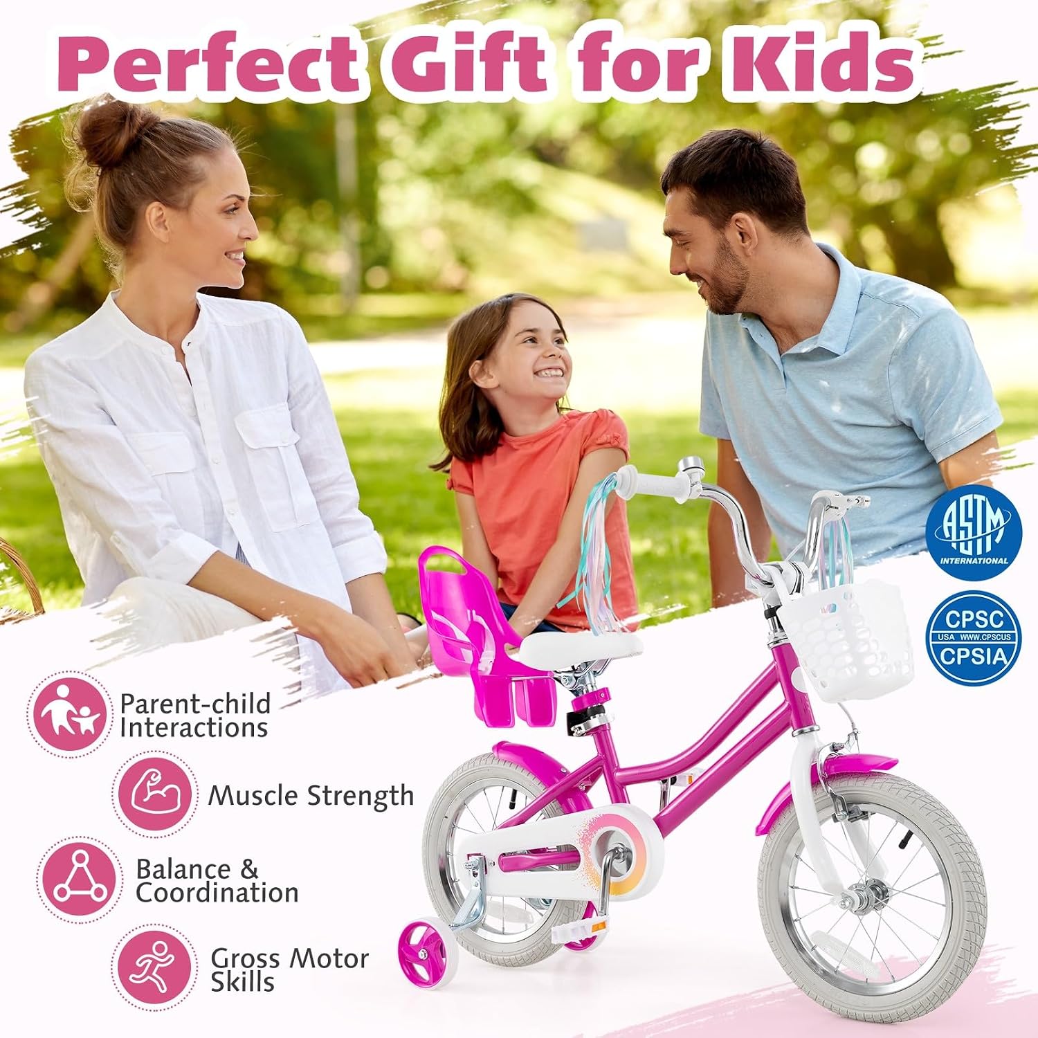 HONEY JOY Kids Bike, 12 14 16 18 Inch Girls Bike w/Training Wheels, Doll Seat, Streamers, Handbrake & Coaster Brake, Fully Enclosed Chain, Princess Style Children Bicycle, Gift for Girls 3-8