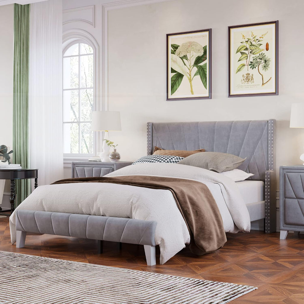 3 Pieces Velvet Bedroom Set with Full Upholstered Bed and Two Nightstand, Contemporary Furniture Set for Bedroom Living Room (Gray+3 Pieces+Full)