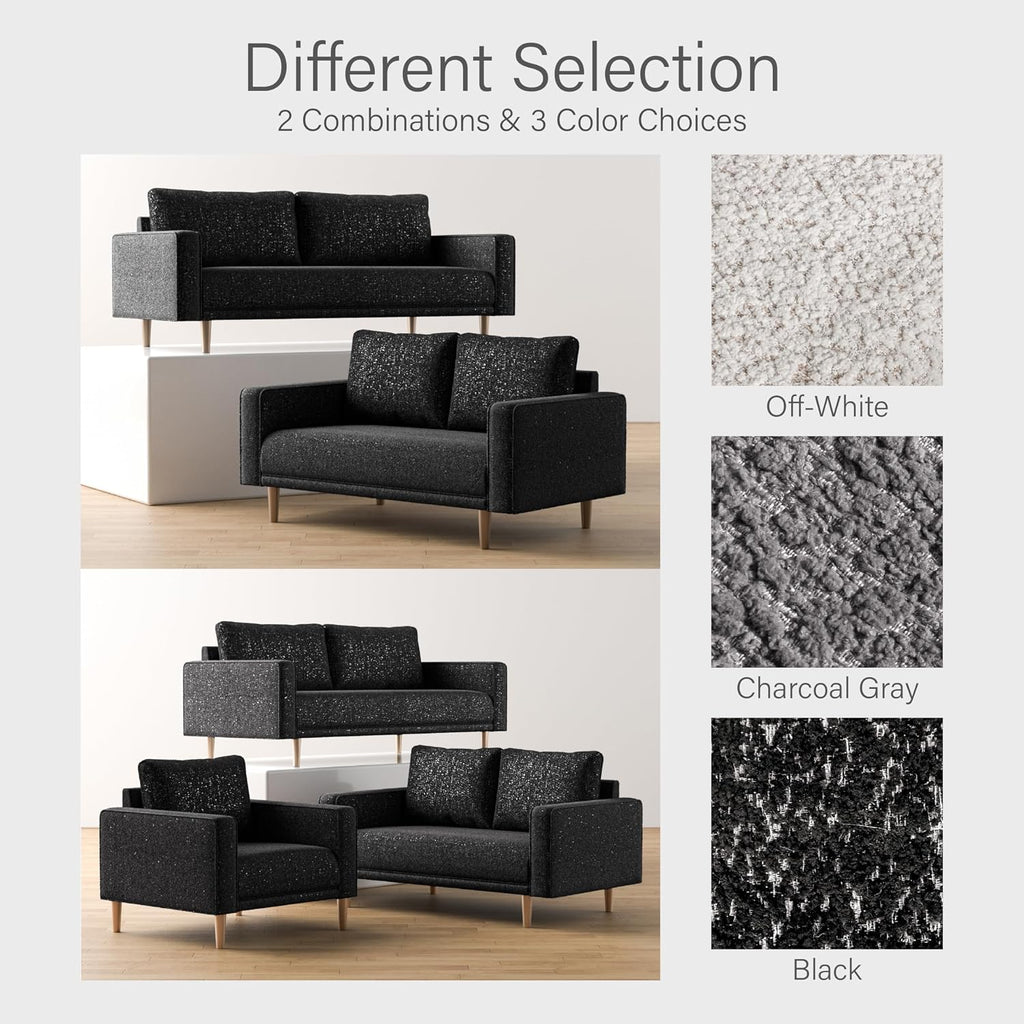 Furniture of America Oriana Contemporary Boucle Fabric 3-Piece Sofa Set with Back Pillows and Wooden Legs, Accent Furniture Sets for Living Room, Home Office, Bedroom, Lounge, Black