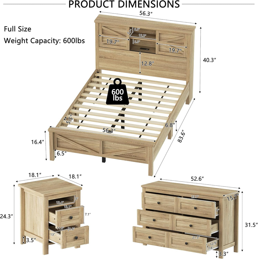 3-Pieces Full Size Bedroom Sets, Farmhouse Platform Bed with Double Sliding Door USB Storage Headboard, 3PCS Bedroom Sets with Cabinet and Nightstands, Kids Adults, Natural