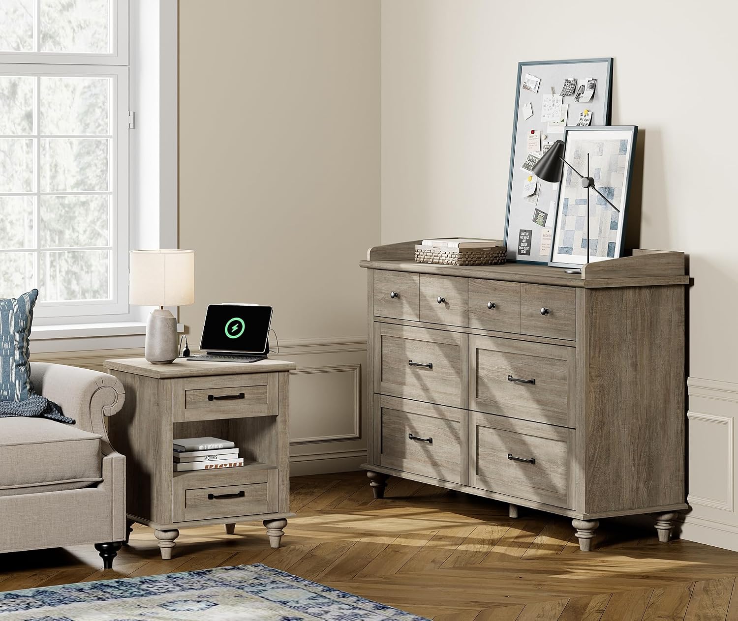 WAMPAT 2 Piece Bedroom Set - Includes 6 Drawer Dresser for Bedroom, Farmhouse Nightstand with Charging Station & Drawers & Cubby, 2 Piece Dresser and Nightstand Sets, Grey