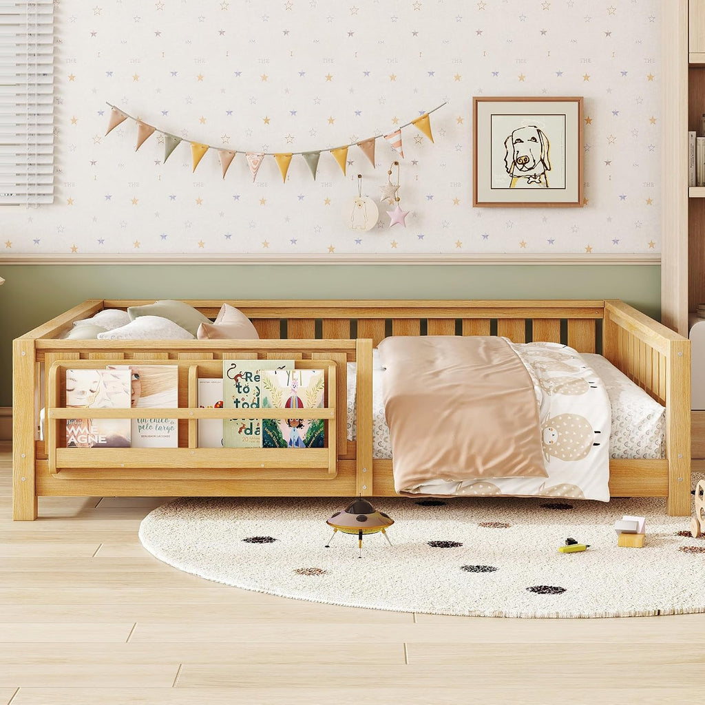 Bellemave Full Size Montessori Floor Bed with Slats and Fence, Full Size Montessori Bed with Rails and Bookcase, Easy Assemble Floor Beds Frame,Deep Natural