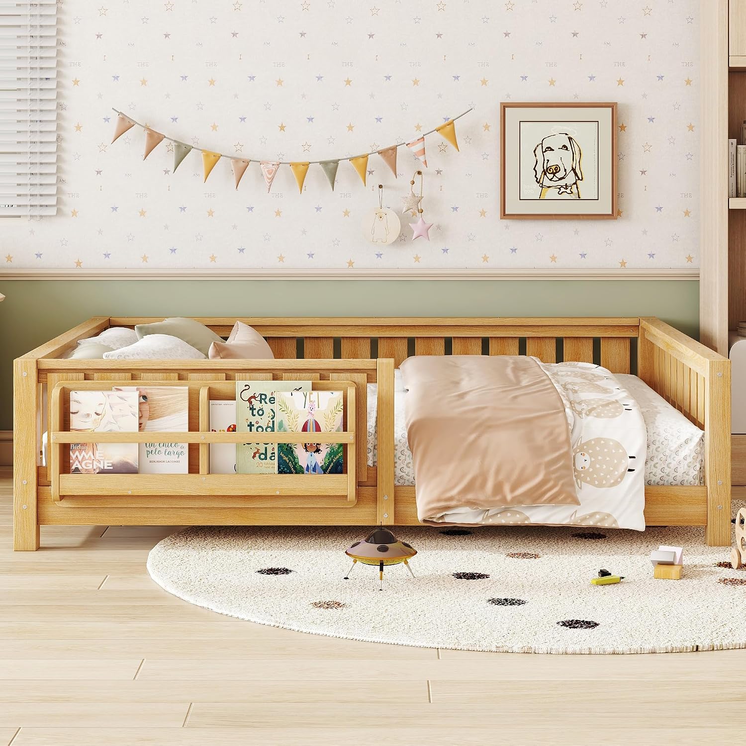 Bellemave Full Size Montessori Floor Bed with Slats and Fence, Full Size Montessori Bed with Rails and Bookcase, Easy Assemble Floor Beds Frame,Deep Natural