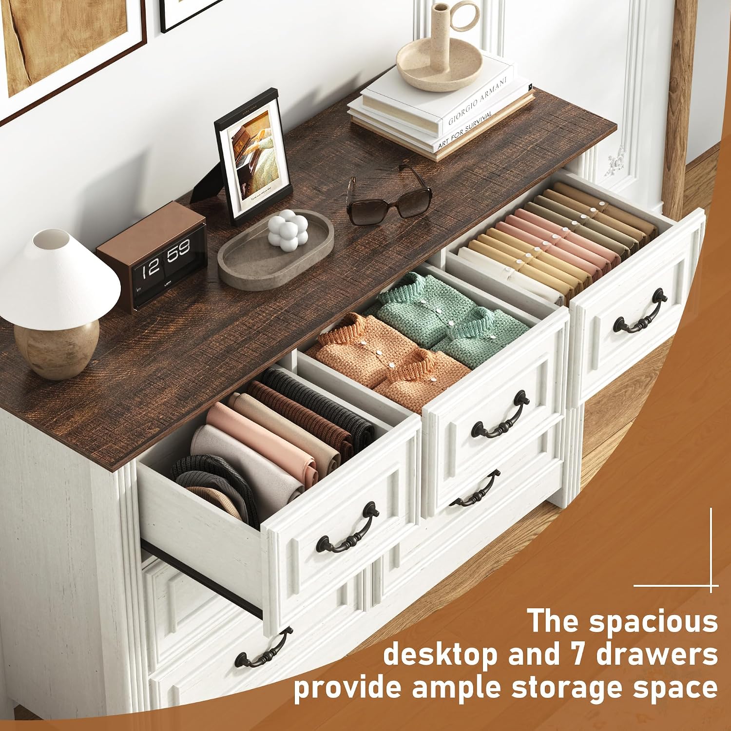 chartustriable Farmhouse 7 Drawer Dresser for Bedroom, 47' Wood Chest of Drawers with Rustic Handles, Wide Closet Dressers Organizer, Living Room, Hallway, Bedroom Furniture(7 Drawers White)