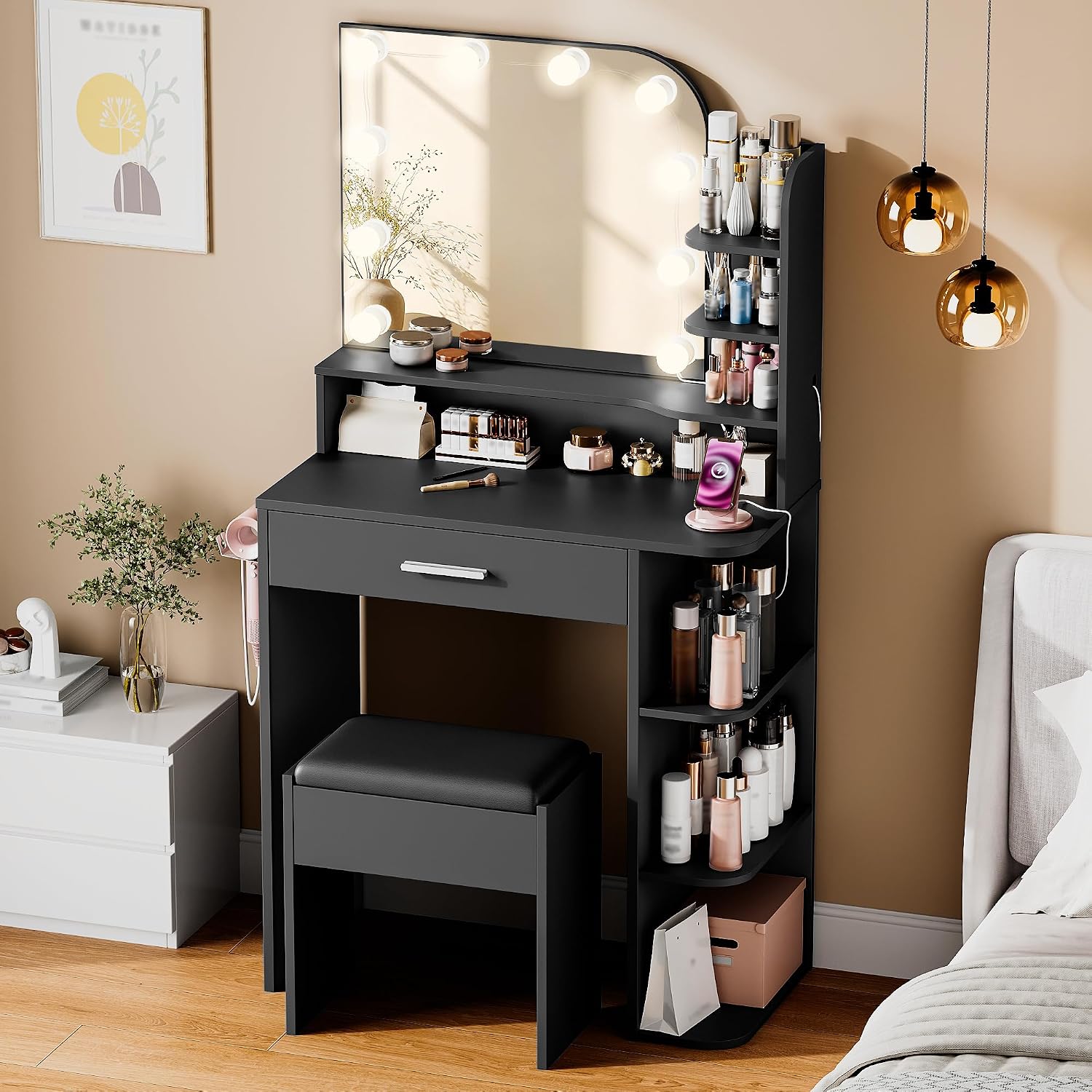 Small Vanity Desk with Mirror and Lights, 26.4' W Girls Vanity Set with Chair and Power Outlet, 3 Lighting Color Adjustable, Makeup Vanity Vanity for Girls, Black