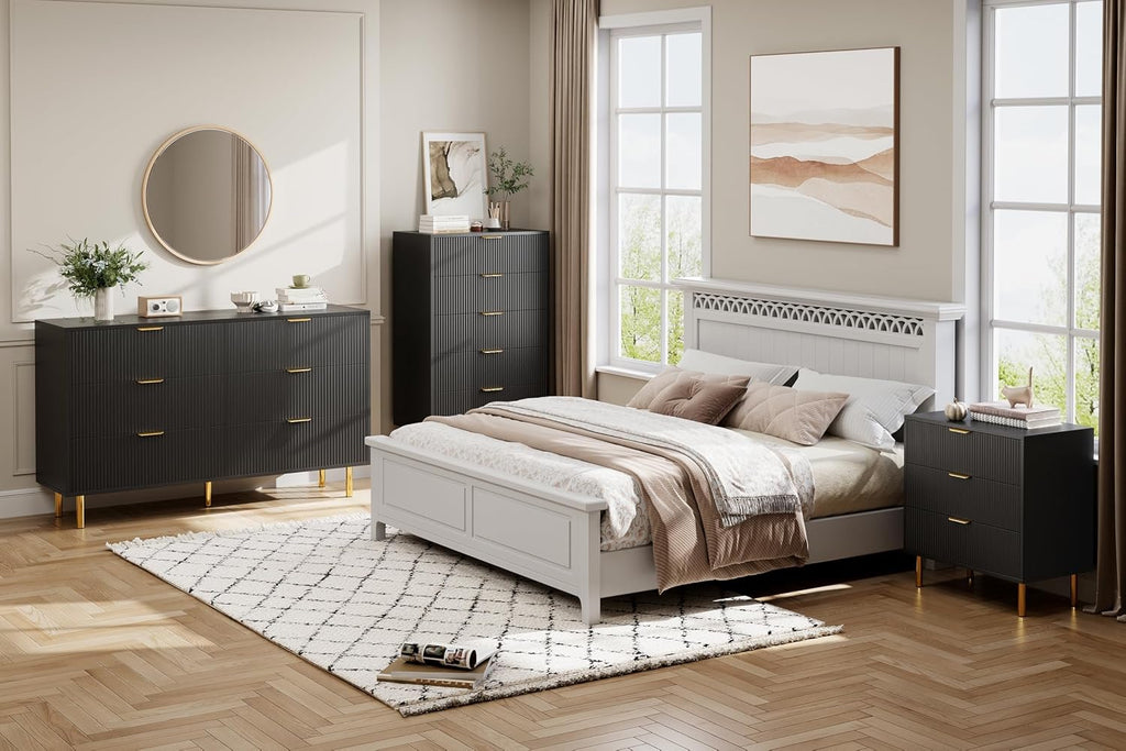 GarveeHome Black Dresser, Modern 6 Drawer Dresser for Bedroom with Gold Handle and Large Drawer, Wood Double Chest of Drawers and Storage Organizer for Living Room, Hallway, Entryway