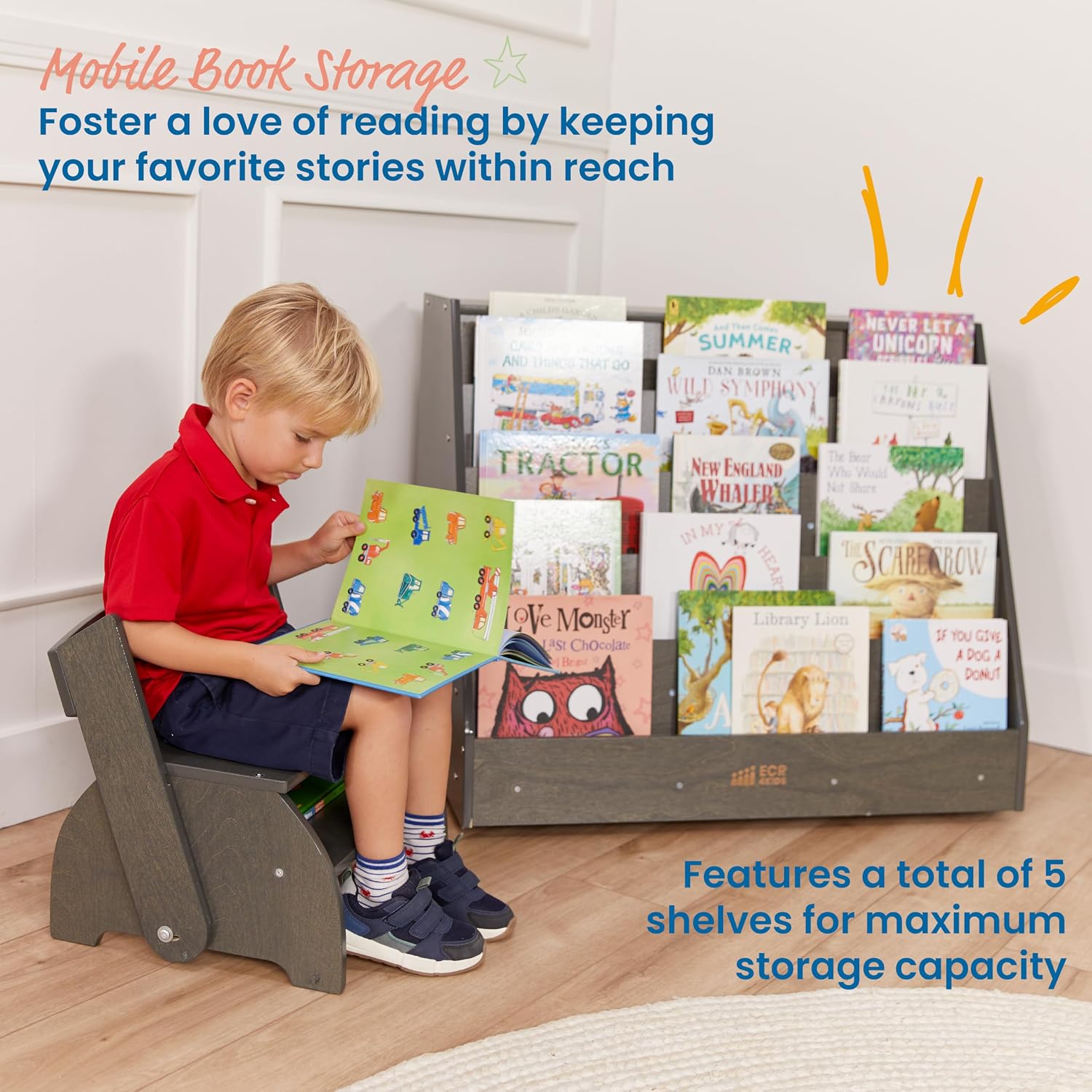 ECR4Kids Double-Sided Mobile Book Display with Storage Shelves, Classroom Bookshelf, Grey Wash