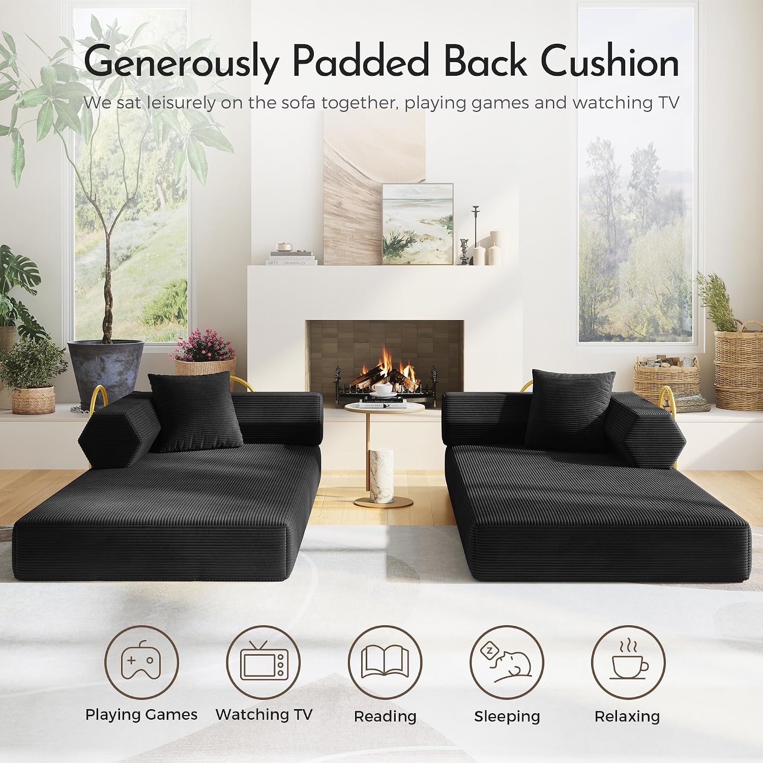 79'' Convertible Sofa Bed, 5-in-1 Folding Sleeper Couch with Pull Out Bed, Corduroy Modular Floor Sofa, No Assembly Space Saving Guest Bed for Living Room Apartment Bedroom (Black)