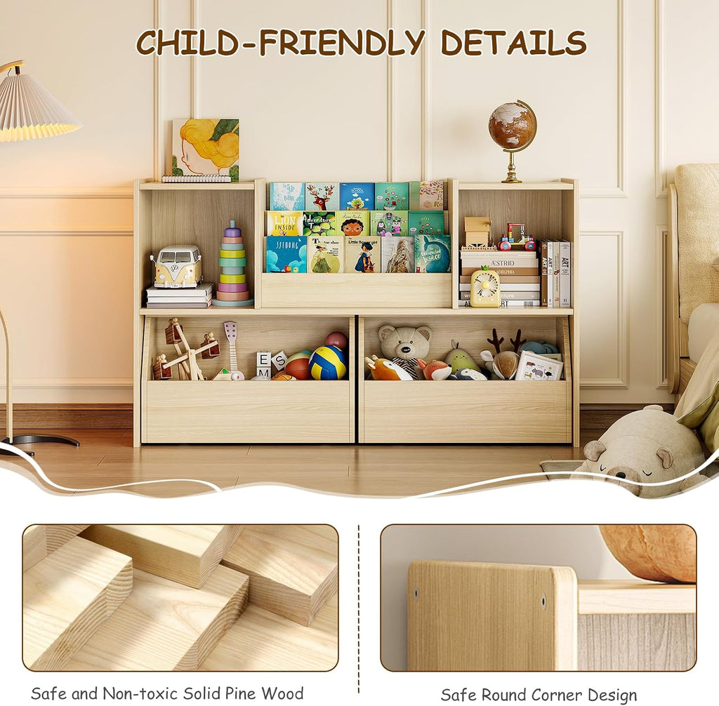 EXPERLAM Solid Wood Kids Bookshelf and Toy Storage Organizer, 3-in-1 Montessori Bookcase with Storage Cubbies and 2 Rolling Toy Bins, Toddler Bookshelf for Kids Room, Playroom, Nursery