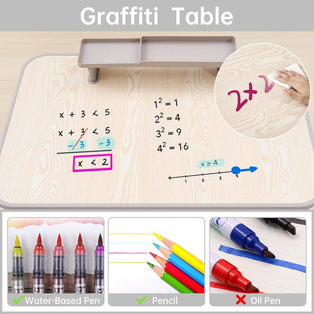GITAWUSA Kids Desk and Chair Set, Height Adjustable Childrens Study Desk, Graffiti Table for 3-12 Years, Kids Art Table with Side Bookshelf and Storage, Multi-Functional for Bedroom & Study Room(Grey)