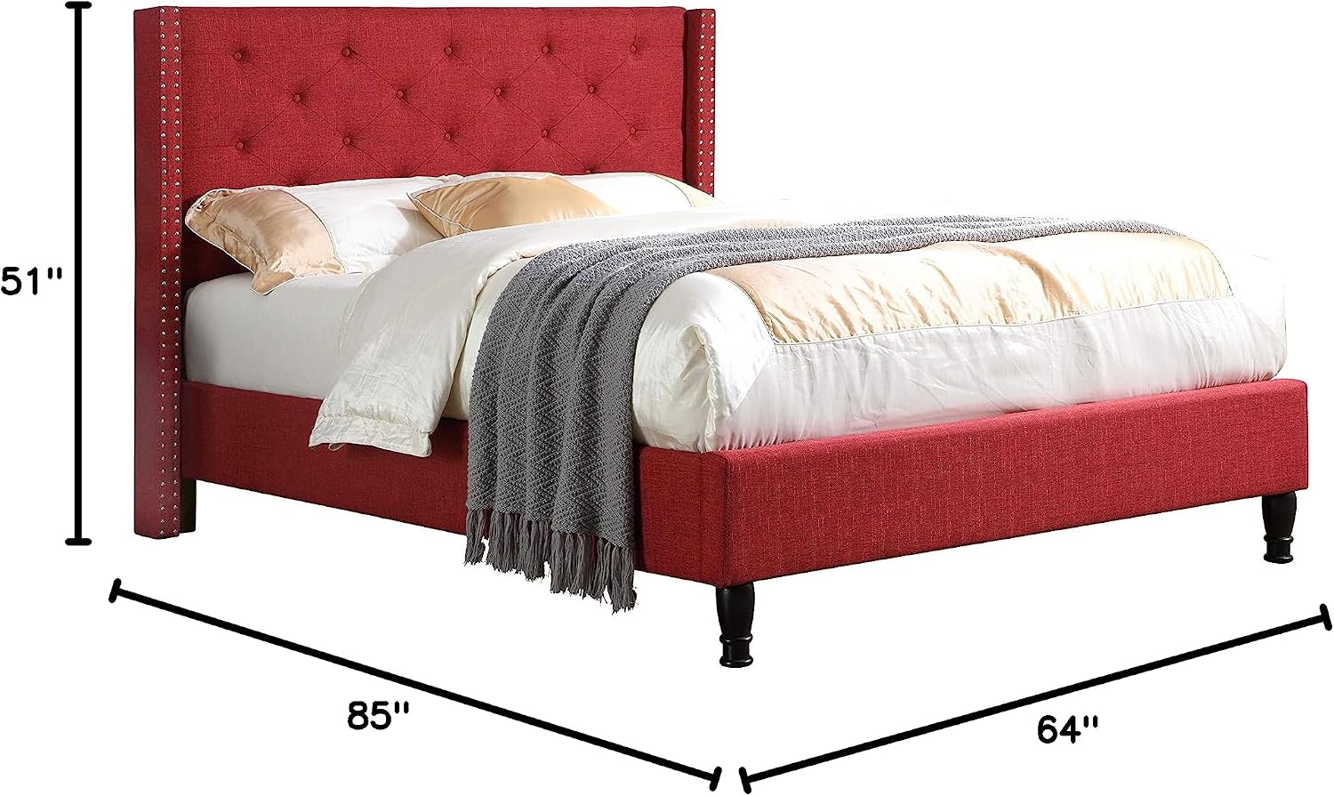 Home Life Premiere Classics Cloth Burgundy Red Linen 51' Tall Headboard Platform Bed with Slats Full - Complete Bed 5 Year Warranty Included 007