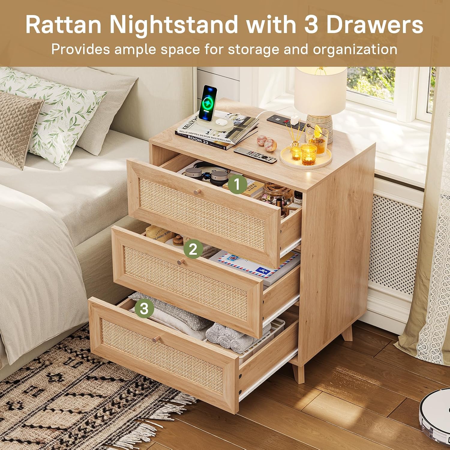 AOGLLATI Rattan Night Stand Set of 2, Boho Nightstand with Charging Station and 3 Drawers, 2 USB Ports and 2 AC Outlets, Rattan Bedside End Table with Solid Wood Legs for Bedroom