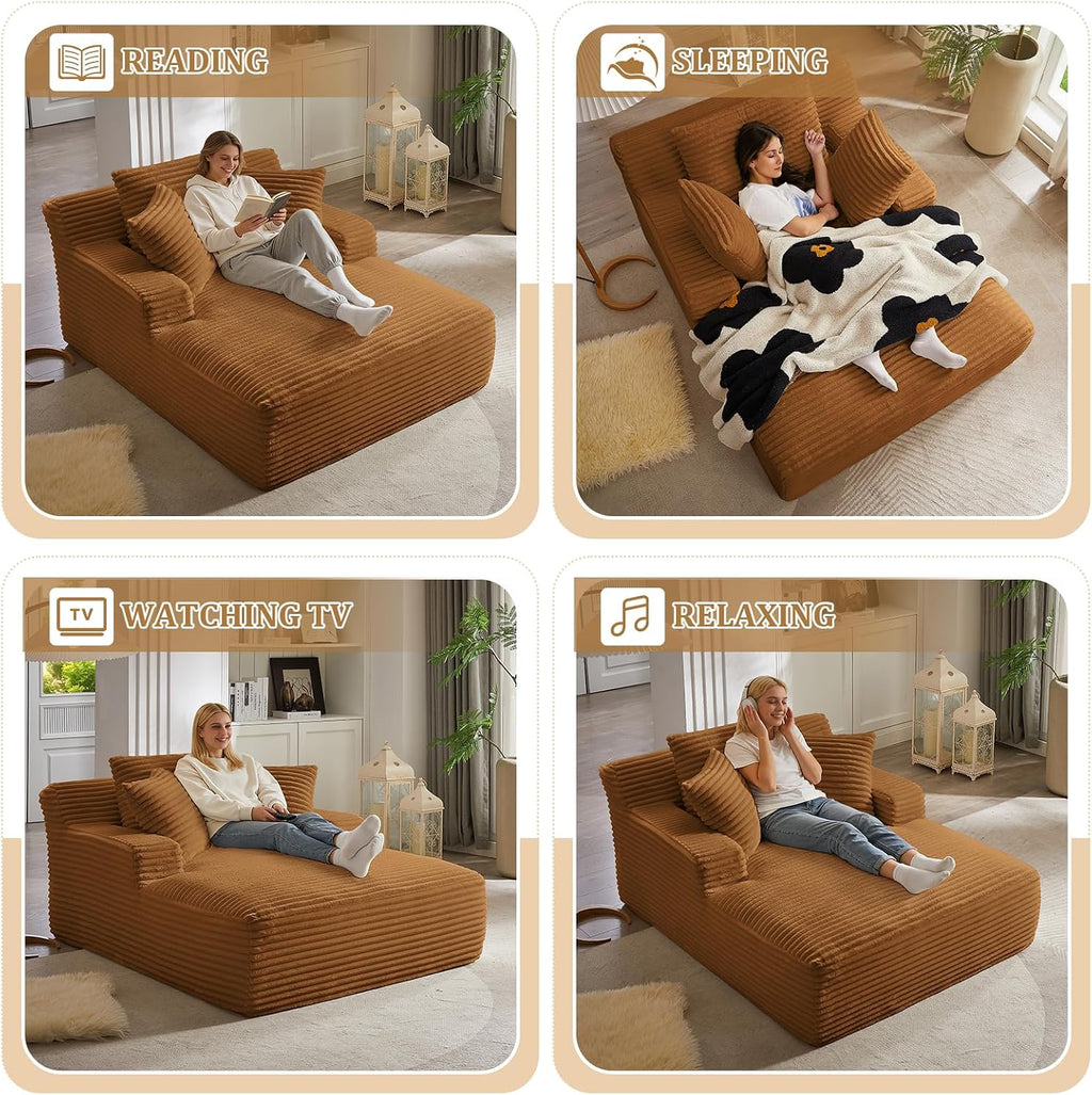 Oversized Chaise Lounge Chair Indoor, 66' Cloud Boneless Sleeper Couch Corduroy Upholstered Sofa Bed Deep Seat Comfy Reading Chair with 3 Pillows for Living Room Bedroom, Orange