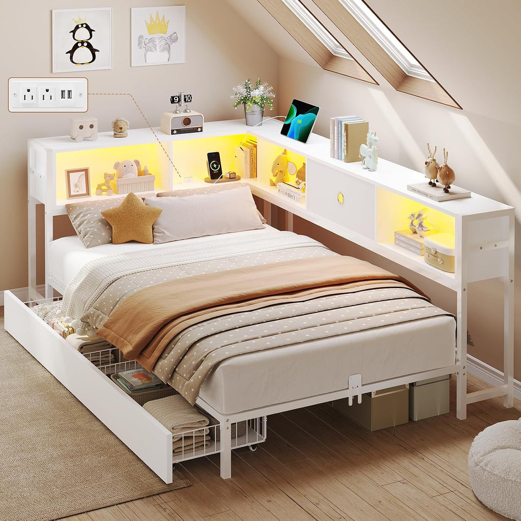 DICTAC Twin Corner Bed Frame with Storage Drawers and Bookcase Twin Size Metal Corner Platform Bed Frame with Led Lights and Charging Station Twin Size Daybed for Kids and Teen,Saving Space,White