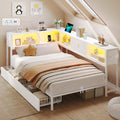 DICTAC Twin Corner Bed Frame with Storage Drawers and Bookcase Twin Size Metal Corner Platform Bed Frame with Led Lights and Charging Station Twin Size Daybed for Kids and Teen,Saving Space,White