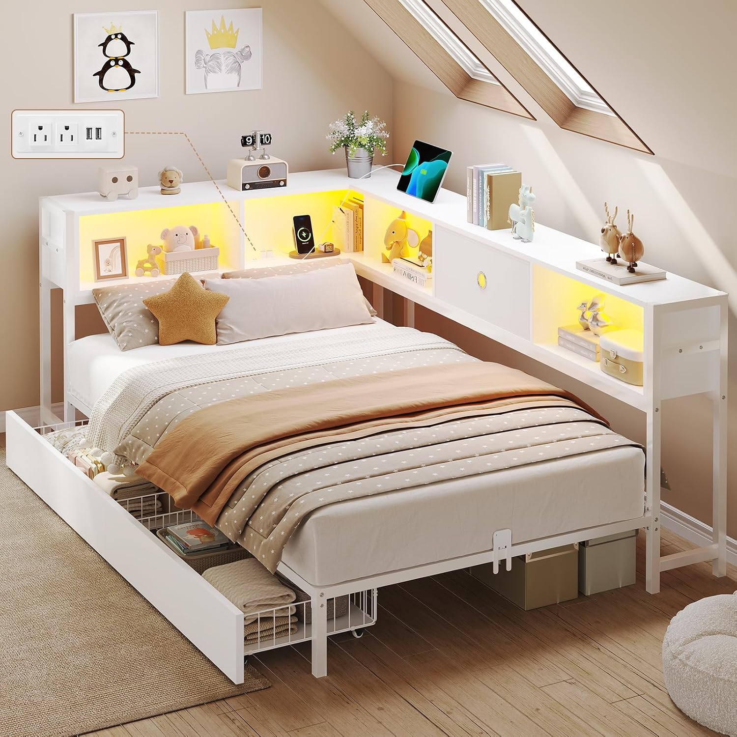DICTAC Twin Corner Bed Frame with Storage Drawers and Bookcase Twin Size Metal Corner Platform Bed Frame with Led Lights and Charging Station Twin Size Daybed for Kids and Teen,Saving Space,White