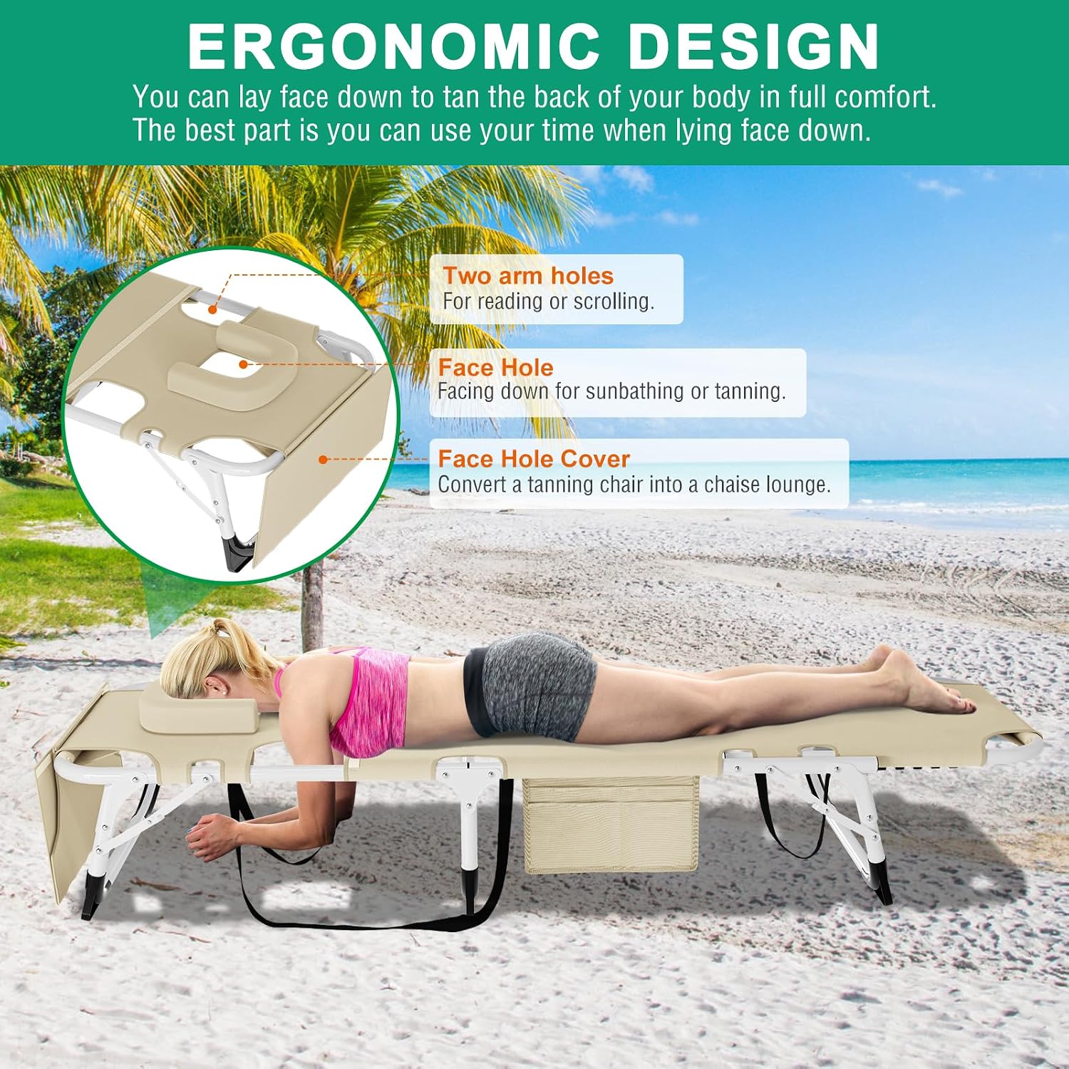 LILYPELLE 3in1 Sun Tanning Chair with Mattress, Heavy Duty Lounger Chairs with Face Arm Hole, Removable Pillow, Outside Chaise Lounge Chair for Sunbathing, Patio, Poolside, Lawn, Beach