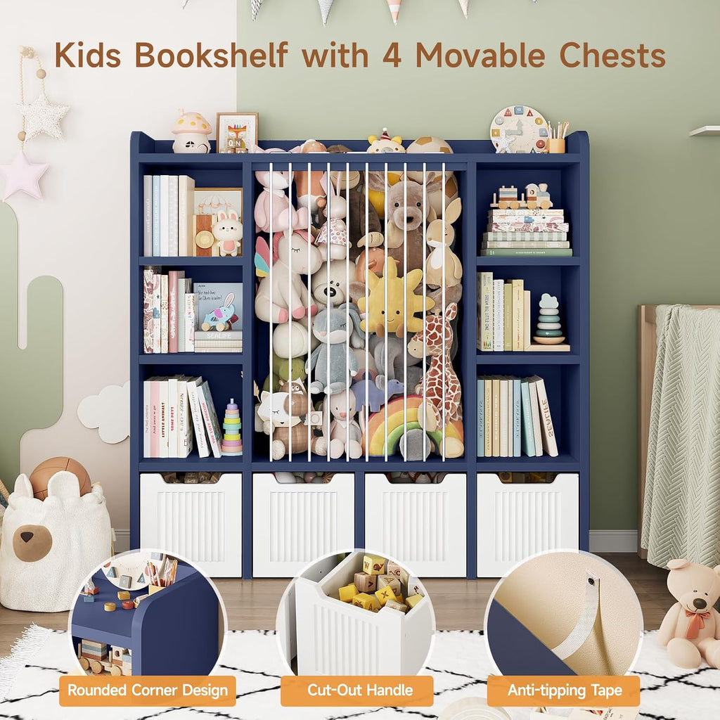 ONBRILL Toy Storage Organizer, Toddler Stuffed Animal Storage, Kids Toy Shelf with 6 Open Cubbies & 4 Movable Toy Chest, Bookshelf for Kids Room Playroom Bedroom Nursery (Blue)