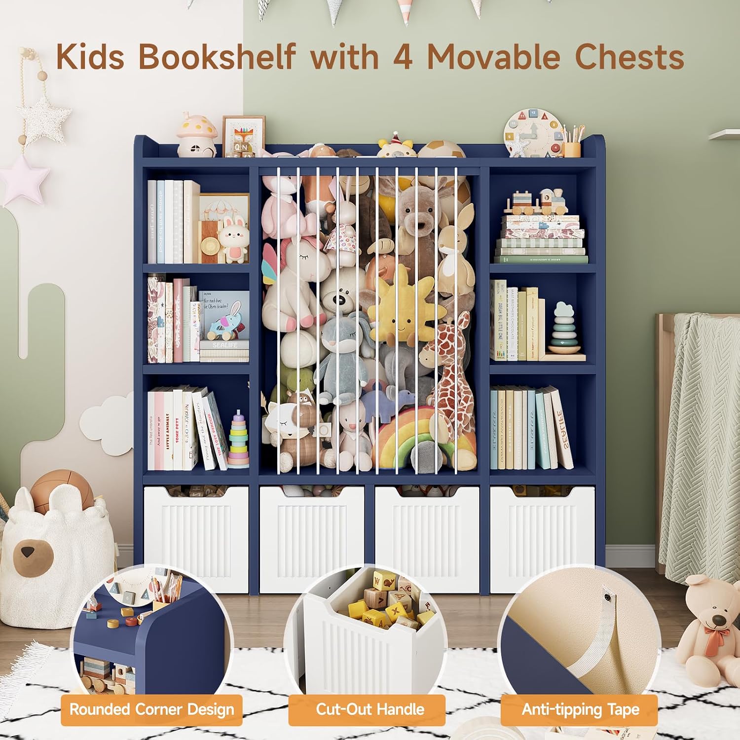 ONBRILL Toy Storage Organizer, Toddler Stuffed Animal Storage, Kids Toy Shelf with 6 Open Cubbies & 4 Movable Toy Chest, Bookshelf for Kids Room Playroom Bedroom Nursery (Blue)