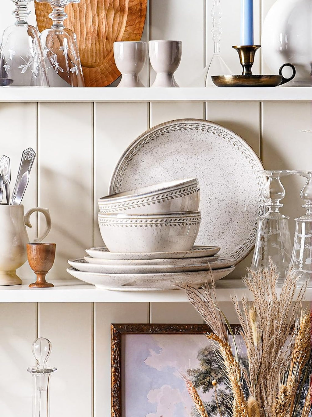 LE TAUCI 24 Piece Dinnerware Sets for 8, Large Plates and Bowls Sets, Ceramic Dishes Set for 8, Modern Stoneware Tableware, Chip Resistant, Ideal for Hosting, Reactive Beige (8'&10' Plate, 27oz Bowl)