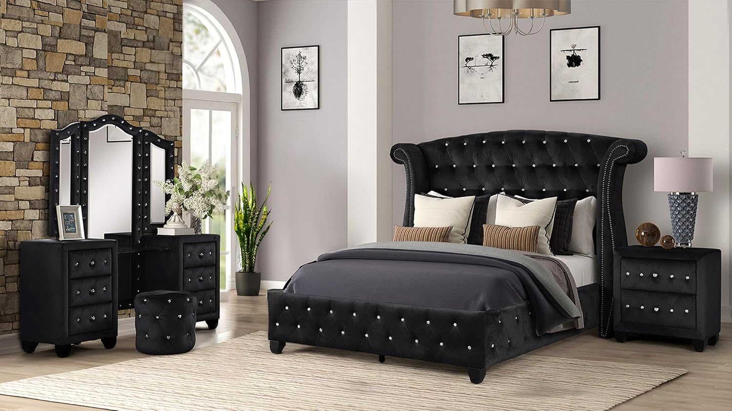 Full 4 Pc Vanity Upholstery Bedroom Set Made with Wood in Black