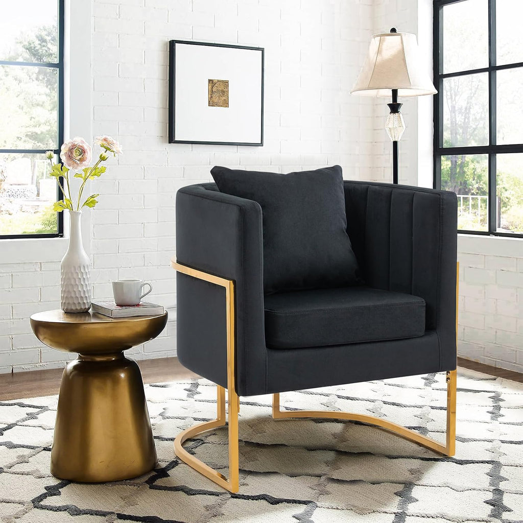 Velvet Modern Accent Chair, Upholstered Barrel Armchair Mid Century with Pillow for Living Room, Comfy Single Vanity Chair with Metal Gold Legs for Bedroom, Black