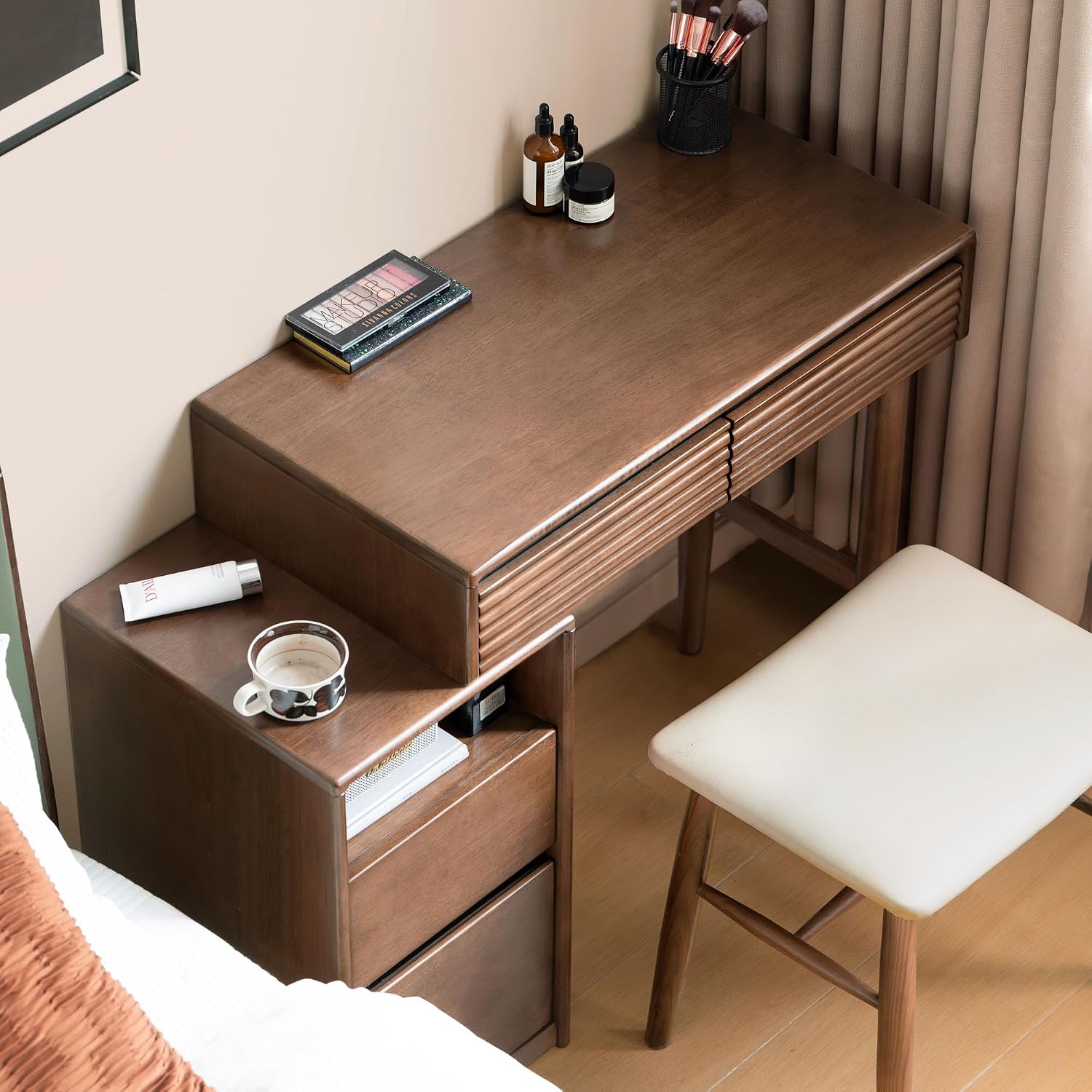 YESWOOD Extendable Vanity Desk with Dresser, Rubber Wood Makeup Table for Girls, Vanity Set for Bedroom, Bathroom, Study Desk for Study Room, 15.7' D x 41' W x 30' H, Walnut
