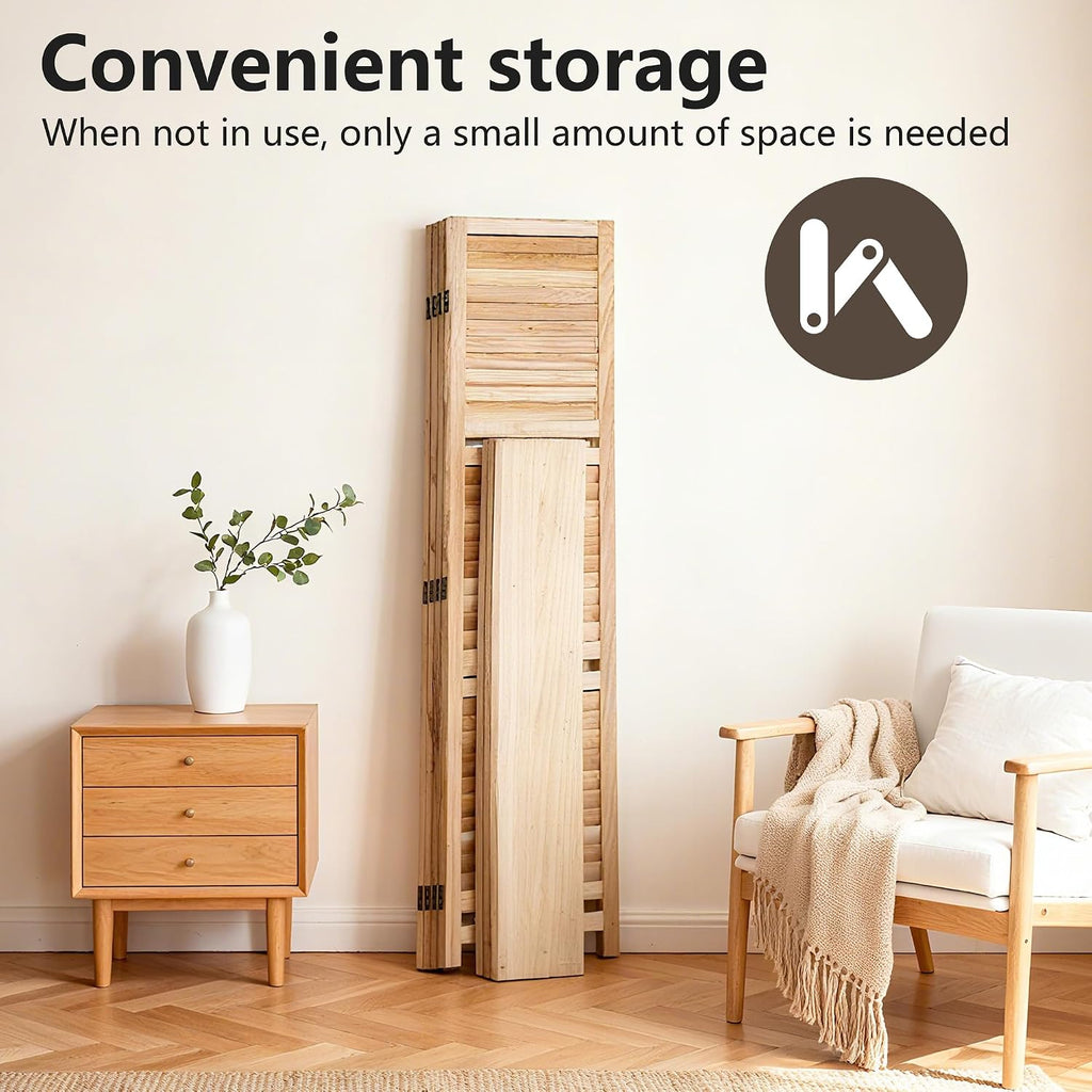 FDW 4 Panel Room Divider Folding Privacy Wooden Screen with Three Clever Shelf Portable Partition Wood Divider for Home Office, Natural Wood