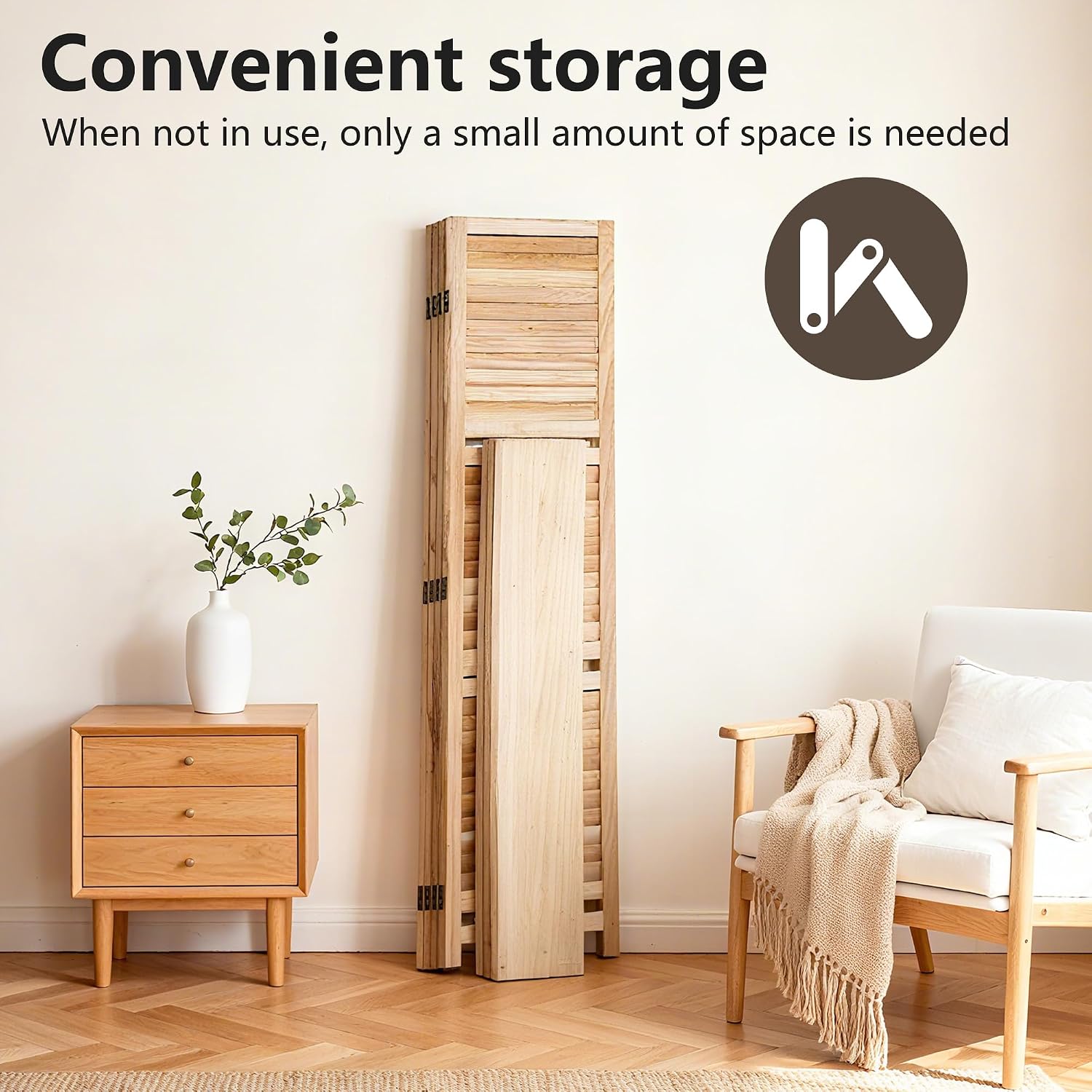 FDW 4 Panel Room Divider Folding Privacy Wooden Screen with Three Clever Shelf Portable Partition Wood Divider for Home Office, Natural Wood