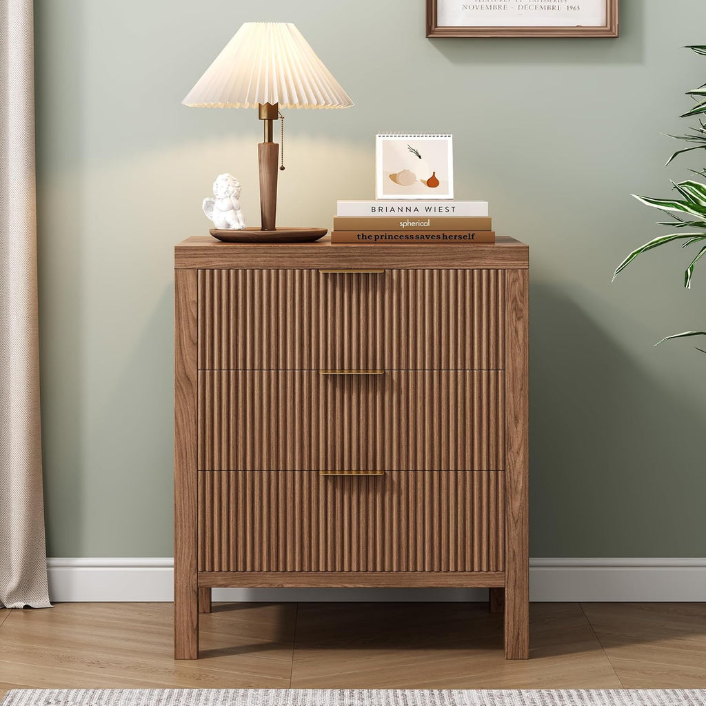 Nightstand with 3 Drawers, Dresser and Nightstand Sets, Bedside Tables, Mid Century Nightstands with 3 Wide Drawers for Bedroom, Kids' Room, Hallway - Walnut