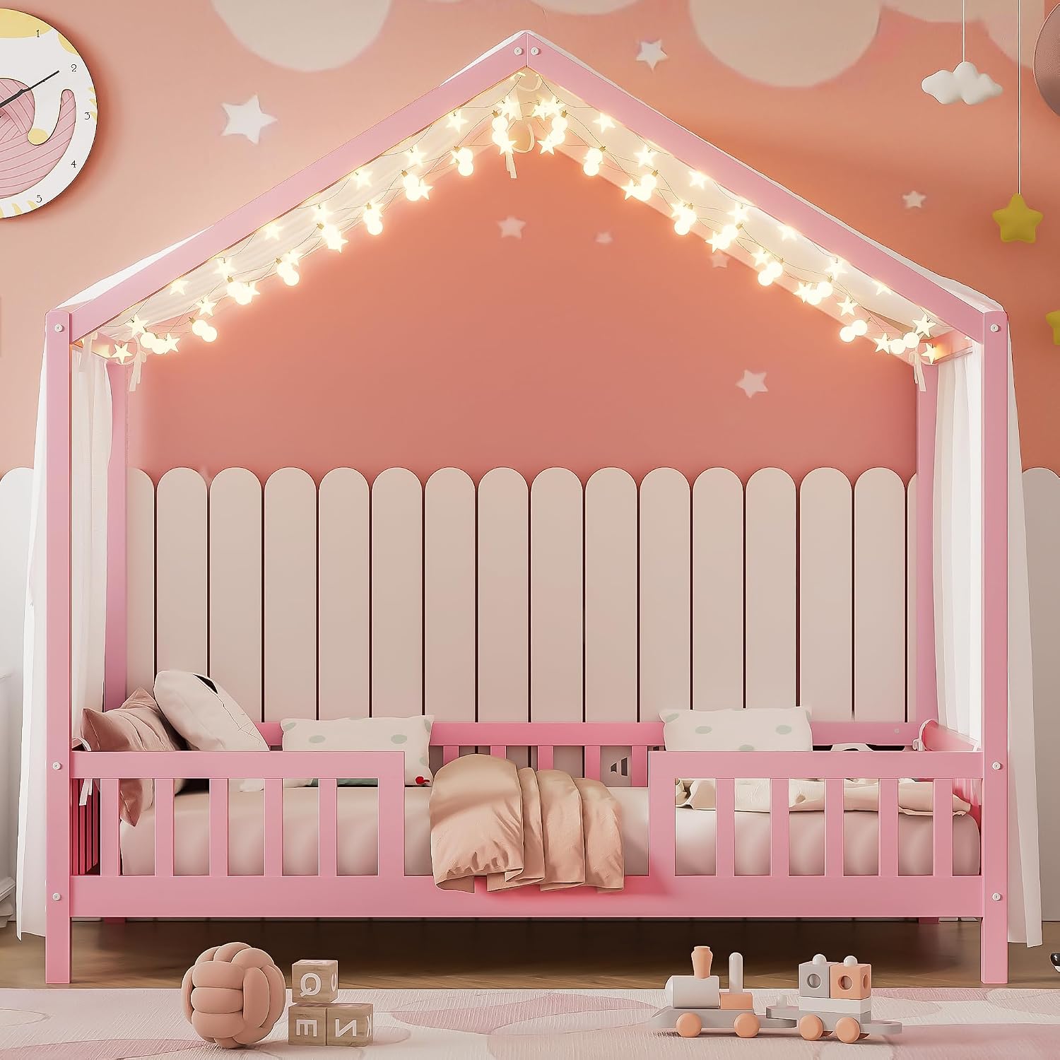Twin Montessori Floor House Bed with High Rails, Wood Kids Low Floor Bed with Roof & Canopy, Montessori Twin Kids Bed Frame for Girls, Boys,No Box Spring Needed, Pink