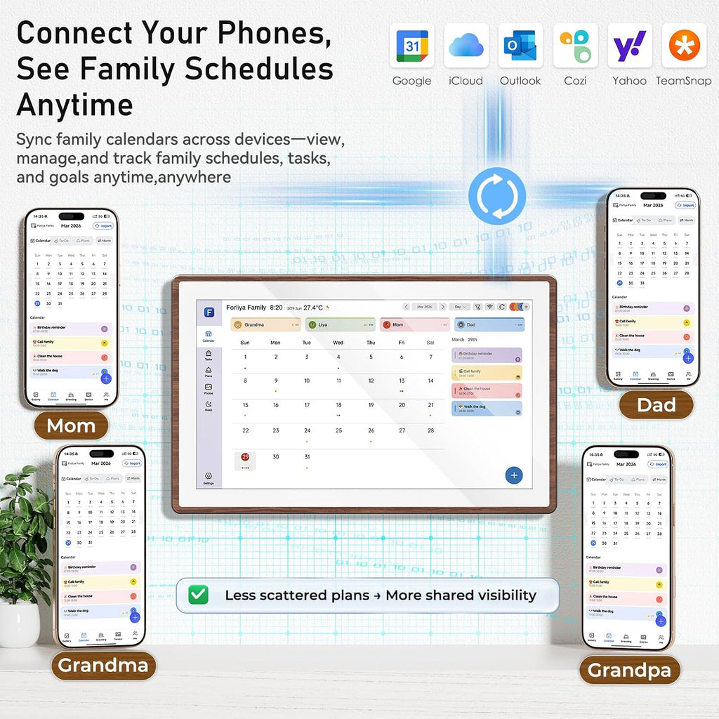 ANKRA 15.6' Digital Family Calendar : No-Subscription Smart Wall Planner, Real-Time Sync, App Voice Reminders, Meal Planner & Chore Chart with Rewards, AI Photo Hub, Gift for Families (Walnut)