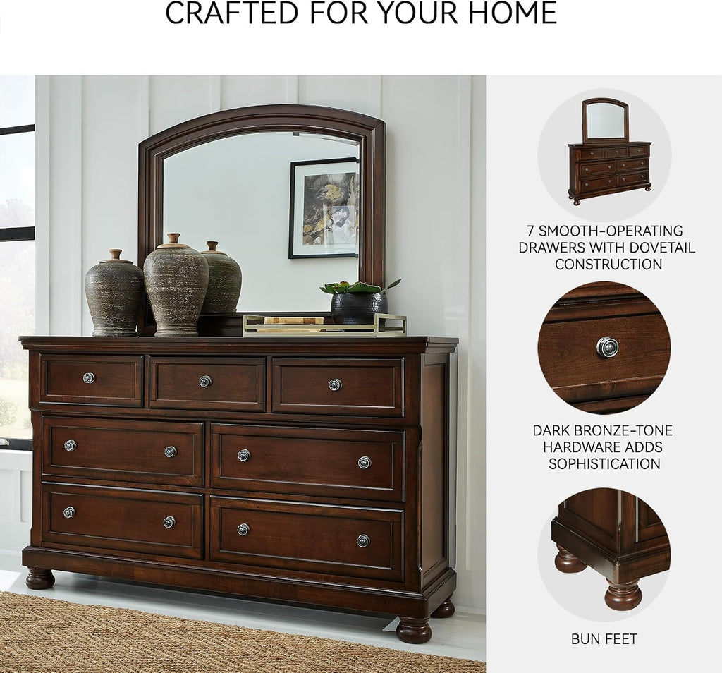 Signature Design by Ashley Porter Traditional Smooth-Gliding 7-Drawer Dresser and Mirror with Safety Stop, Felt-Lined Top Drawers and Pull-Out Tray, Dark Brown