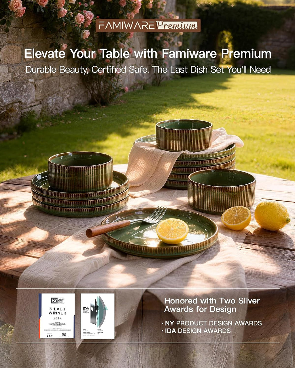 24-Piece Dinnerware Set Service for 8, Famiware Premium Stoneware Dish Set with Ribbed Plates and Deep Bowls, Double Reactive Glaze, Chip & Scratch Resistant, Microwave & Dishwasher Safe, Moss