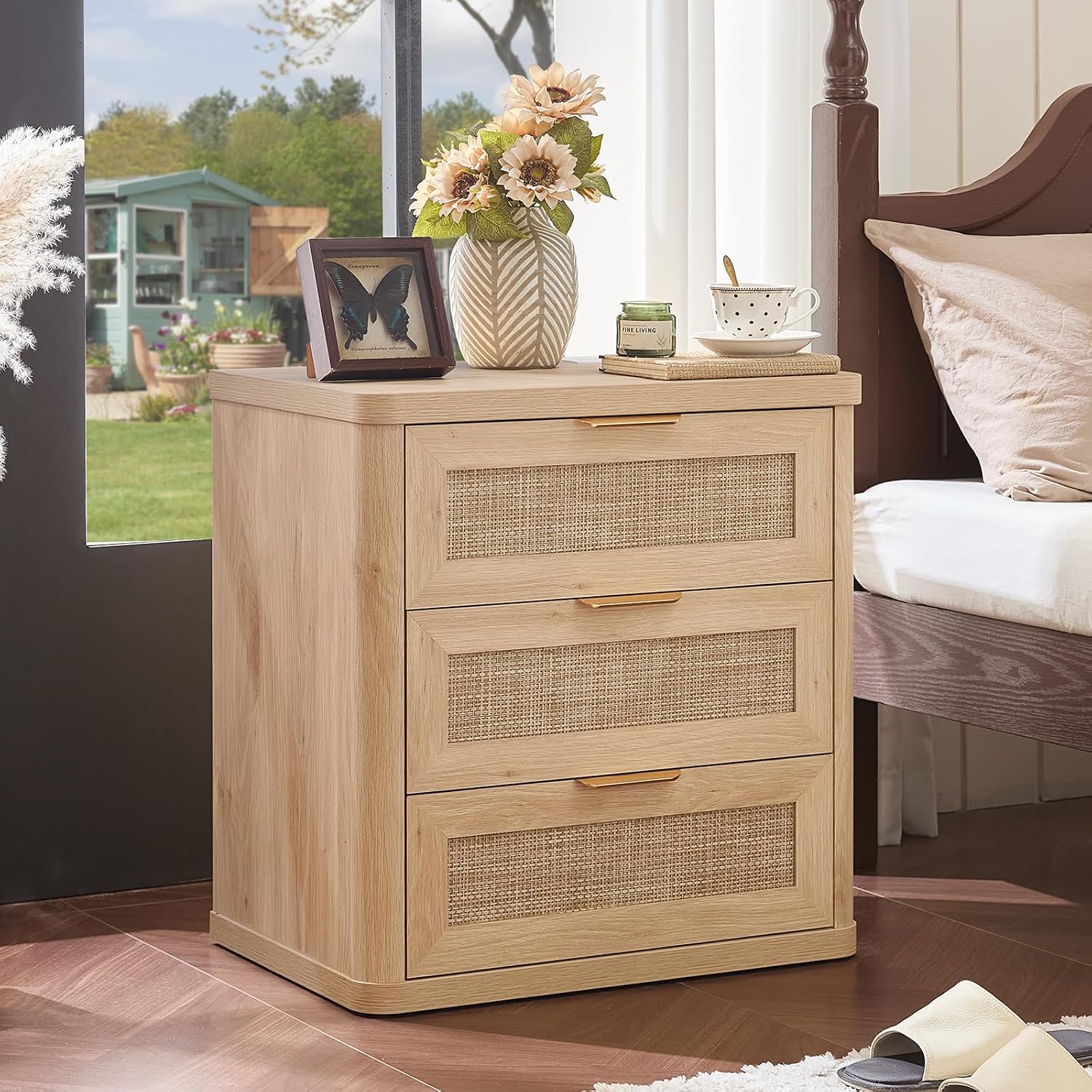 LEYAOYAO Rattan Night Stand with Charger Station, 23' Large 3 Drawer Boho Nightstand, Natural Wood Bedside Table Storage Cabinet, Bed Side End Tables for Bedroom, Living Room, Hallway