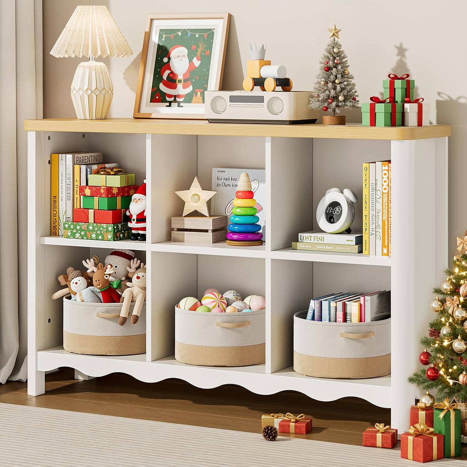 ONBRILL 6 Cube Storage Organizer Shelf, Bookshelf and Toy Storage Organizer for Kids Rooms, Small Book Shelf for Child, Display Cabinet Bookcase for Living Room, Study Room, Office (White and Nature)