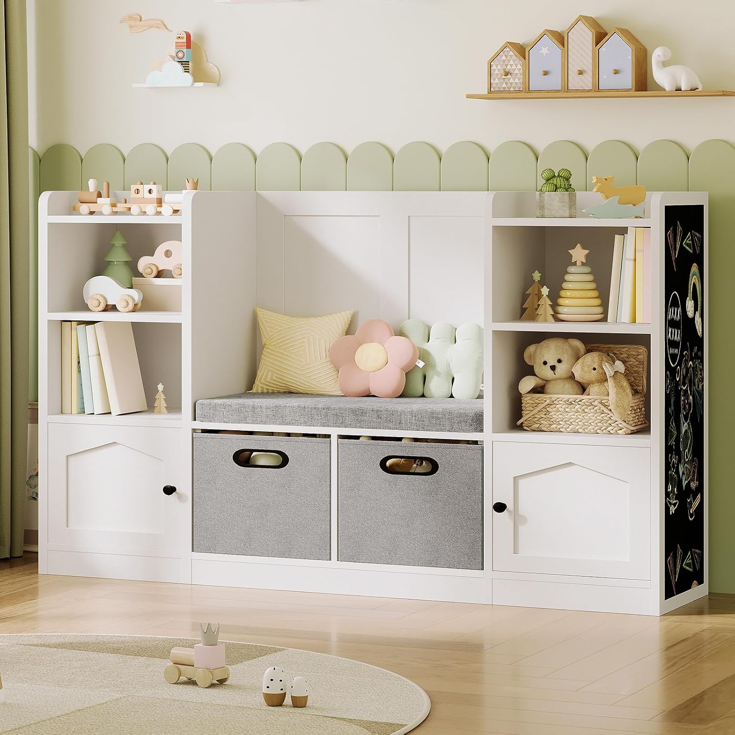 Toy Organizer and Storage, Kids Bookshelf with Seat Cushion and Chalkboard, 2 Movable Drawers, Toy Storage Box with Stuffed Animal Storage Cabinet for Kids Room, Playroom, White and Black