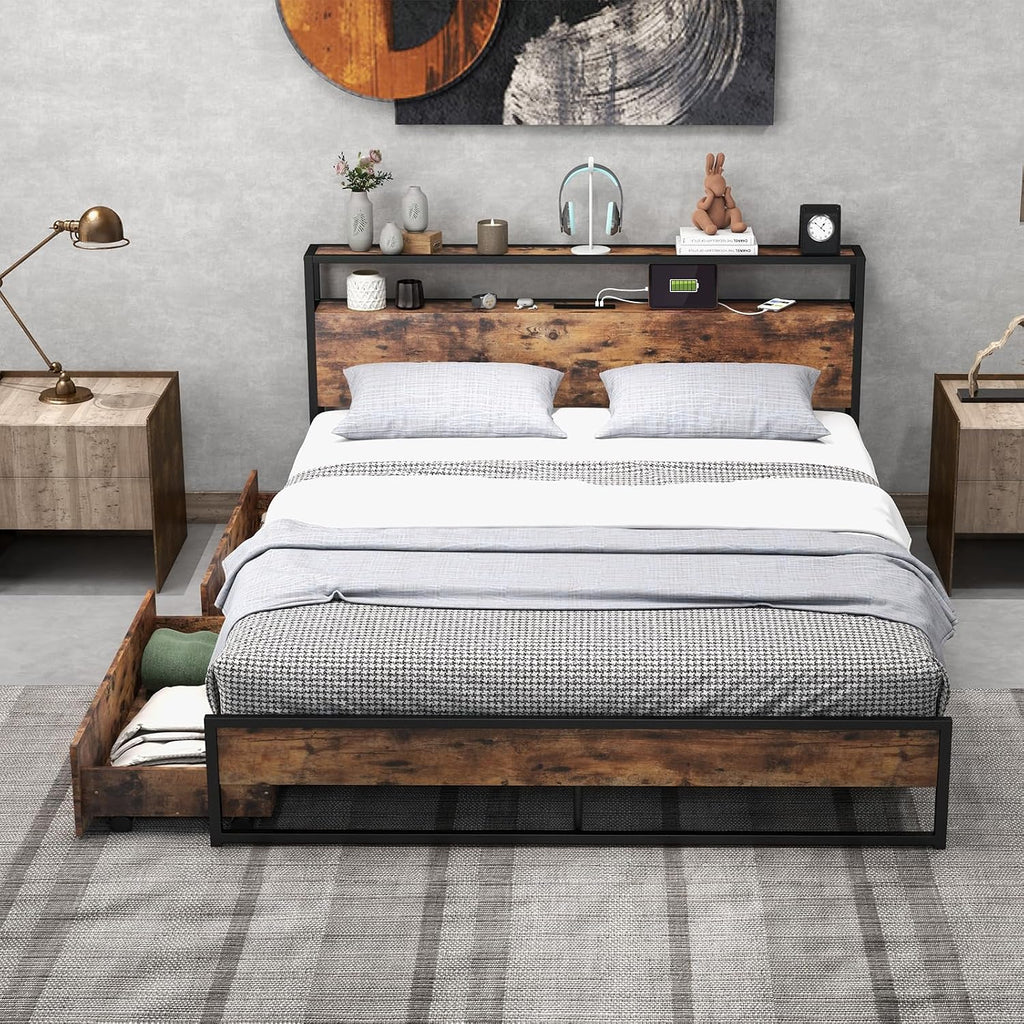 Giantex Queen Bed Frame with 2 Storage Drawers and Charging Station, Industrial Platform Bed Frame with 2-Tier Storage Headboard, Rustic Metal Slats Support Mattress Foundation, No Box Spring Needed