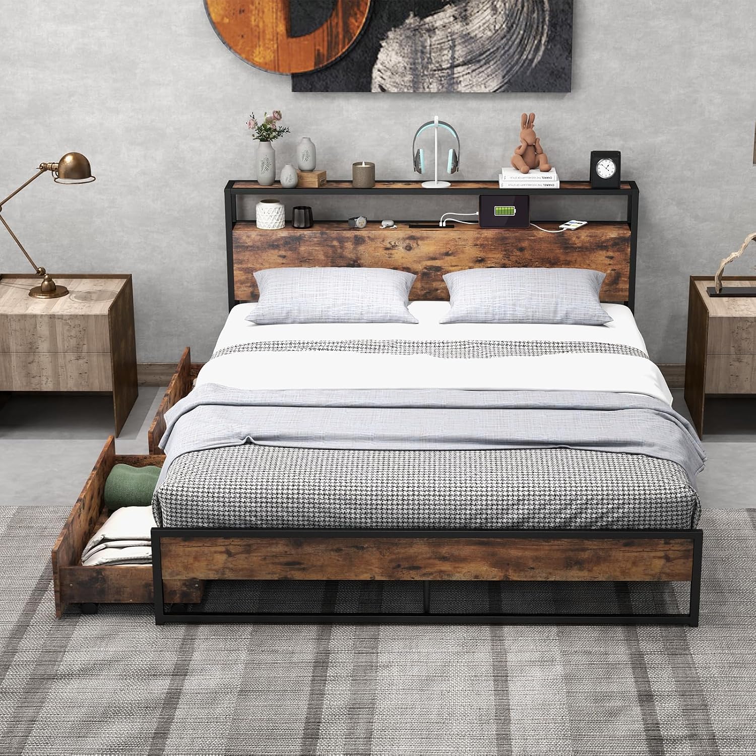Giantex Queen Bed Frame with 2 Storage Drawers and Charging Station, Industrial Platform Bed Frame with 2-Tier Storage Headboard, Rustic Metal Slats Support Mattress Foundation, No Box Spring Needed