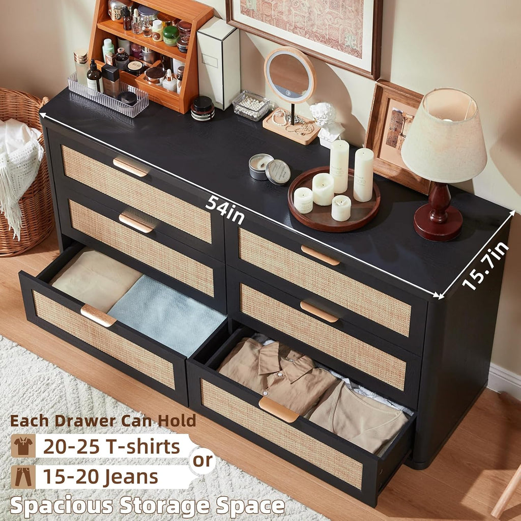 LEYAOYAO Rattan 6 Drawer Dresser for Bedroom Set of 2, Boho 54' Wide Black Dresser Chest of Drawers, Dressers TV Stand with Metal Handle, Storage Dressers Closet Organizer for Living Room, Hallway