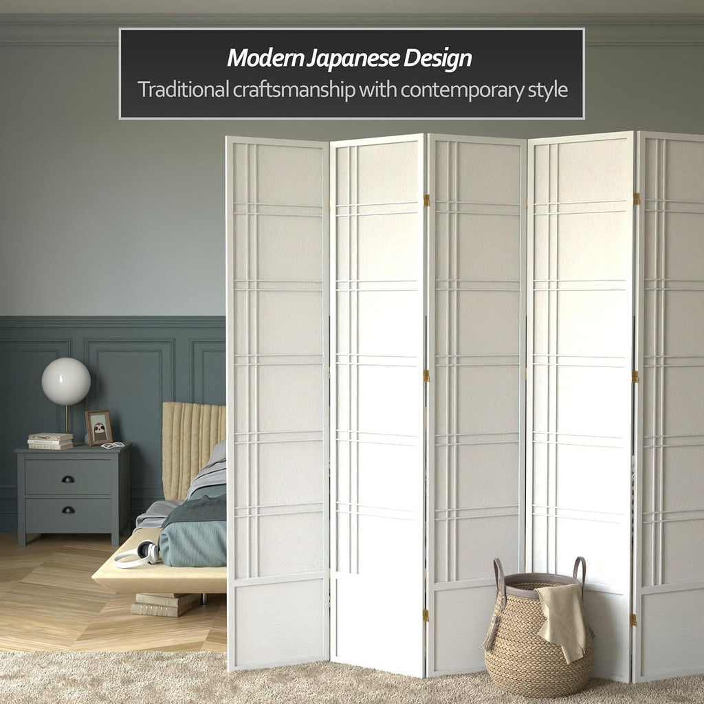 Red Lantern 7 ft. Tall Double Cross Shoji Screen - White - 5 Panels