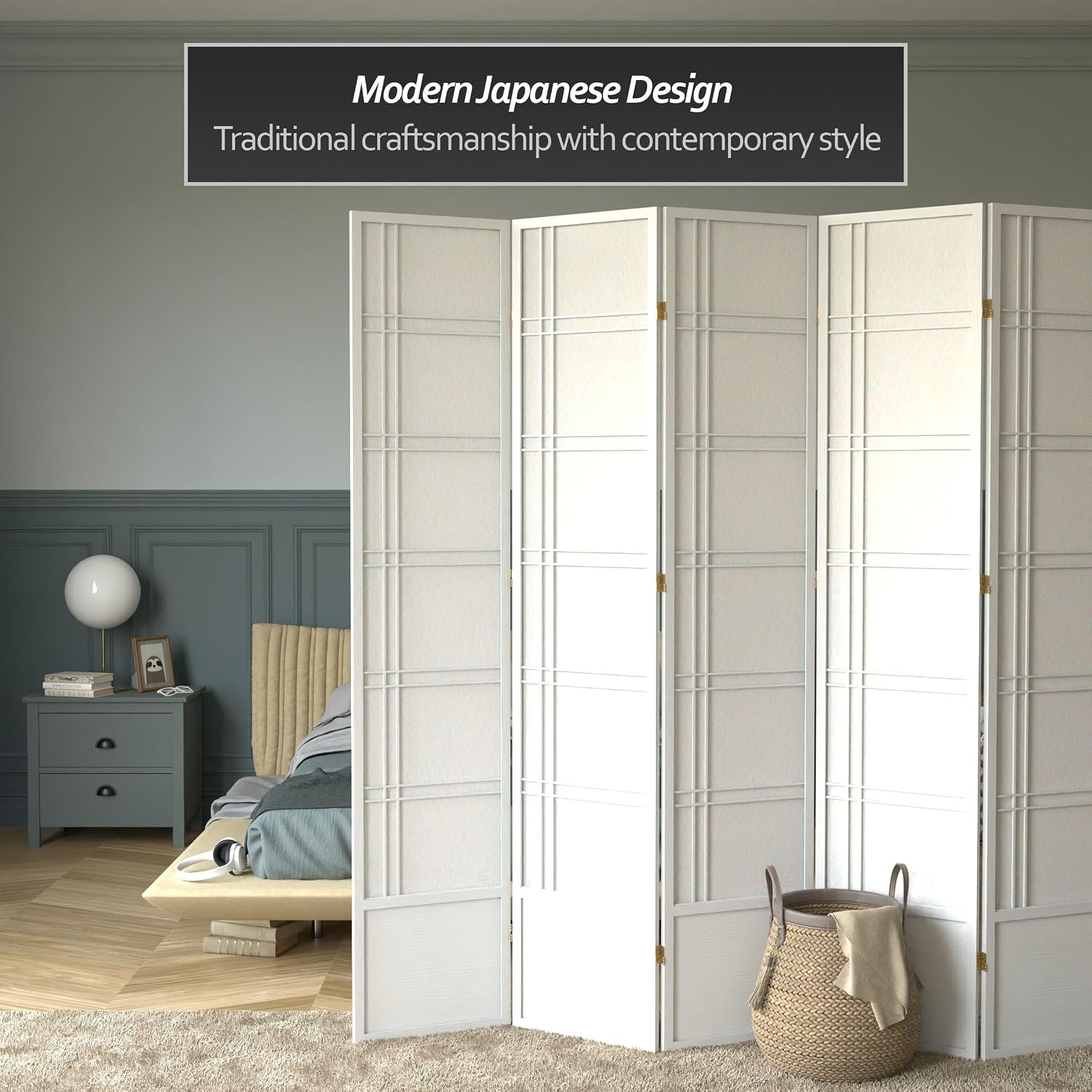 Red Lantern 7 ft. Tall Double Cross Shoji Screen - White - 5 Panels