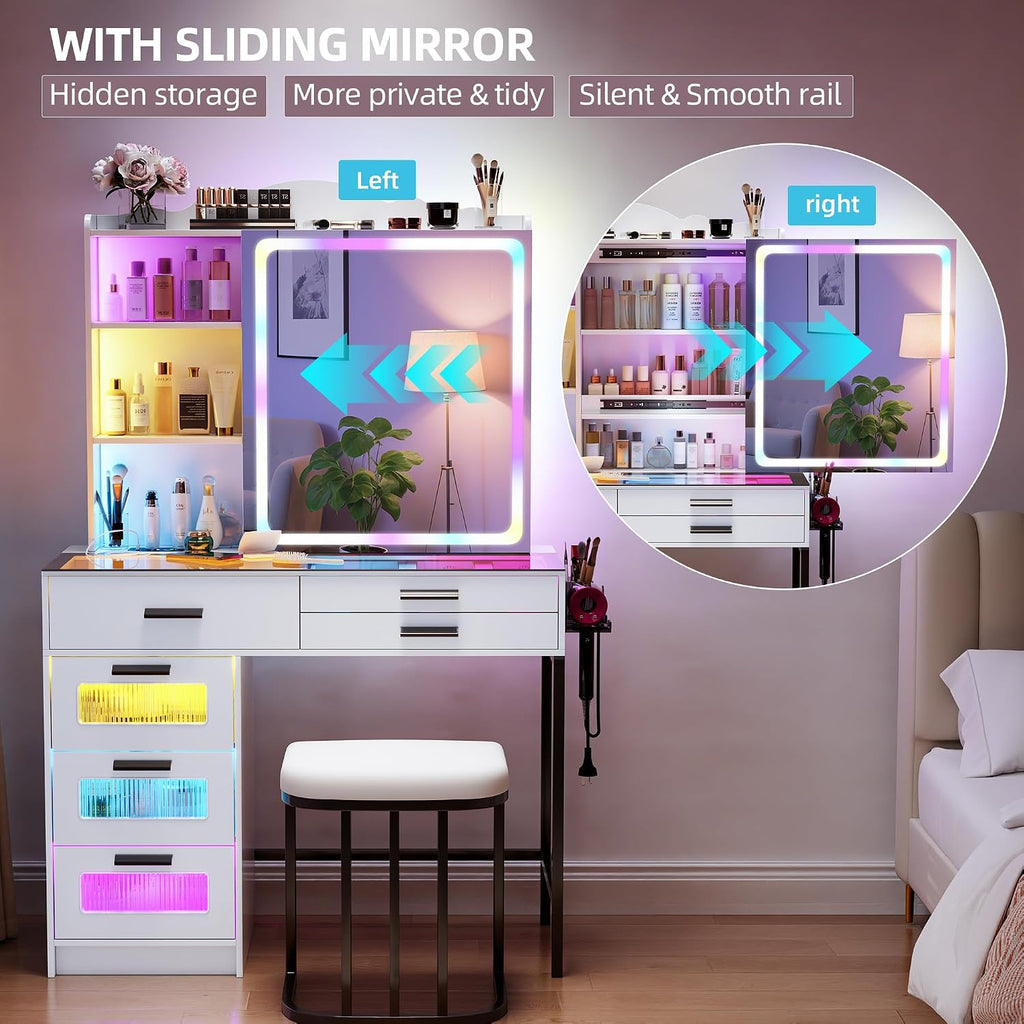 Glass Top Makeup Vanity Desk with RGB LED Light & Adjustable Mirror, Modern Makeup Dresser with Charging Station,Vanity Table Set with 6 Drawers & Hair Dryer Holder for Bedroom,White