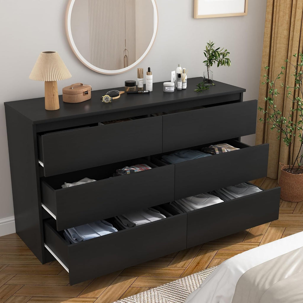 Black 6 Drawer Dresser for Bedroom, Modern Deep Drawer Dresser,Wide Chest of Drawers for Bedroom,Wood Storage Organizer Furniture,TV Dresser for Living Room