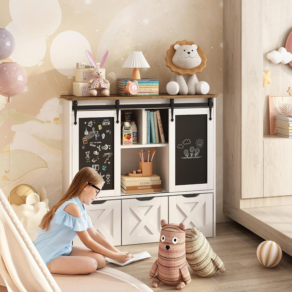 Vabches Toy Storage Organizer with Sliding Chalkboard, Kids Bookshelf and Bookcase with 3 Movable Drawers & 5 Storage Cubbies, Multifunctional Storage Cabinet Toy Chest for Playroom,Nursery, Kids Room